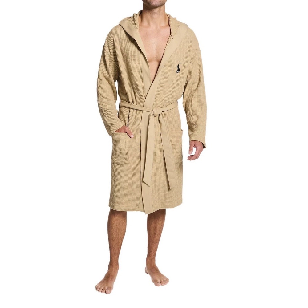 Polo Ralph Lauren Mens Thermal Hooded Robe L/XL Khaki/Black - NWT $95